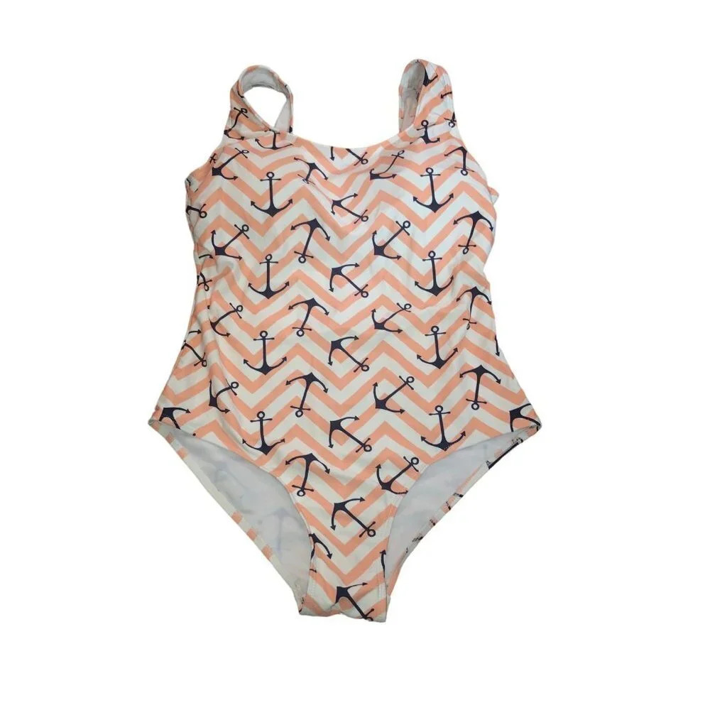 EMILY B ORIGINALS Sz S Women's Nautical Anchor Navy Blue Coral/Pink 1pc Swimsuit
